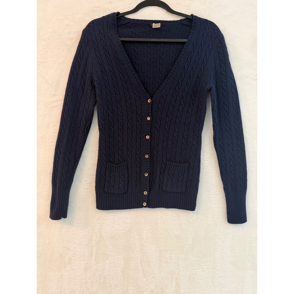 J.Crew Navy Blue Cable Knit Cardigan Merino Wool Angora Cashmere Blend M - Picture 2 of 8